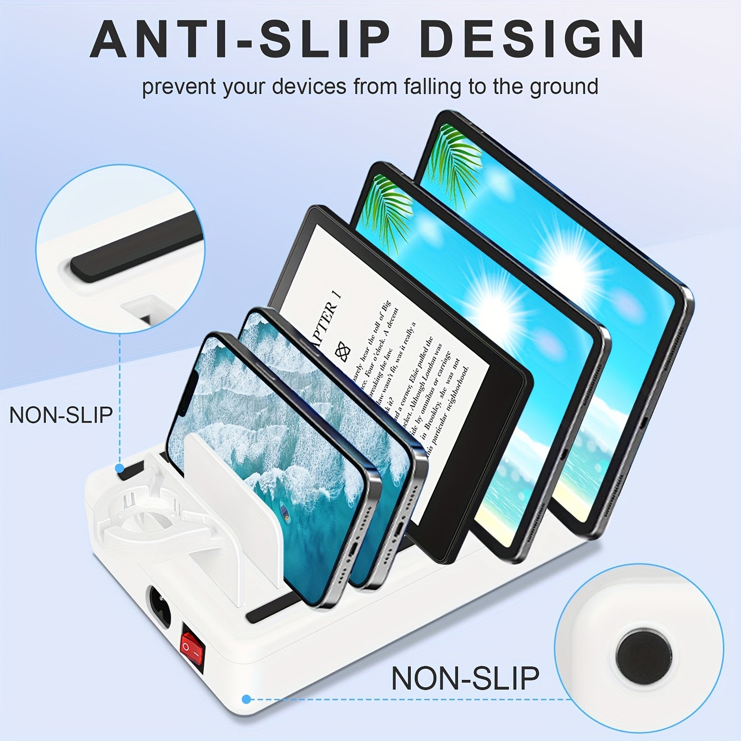 USB Charging Station for Multiple Devices with Detachable Dividers.