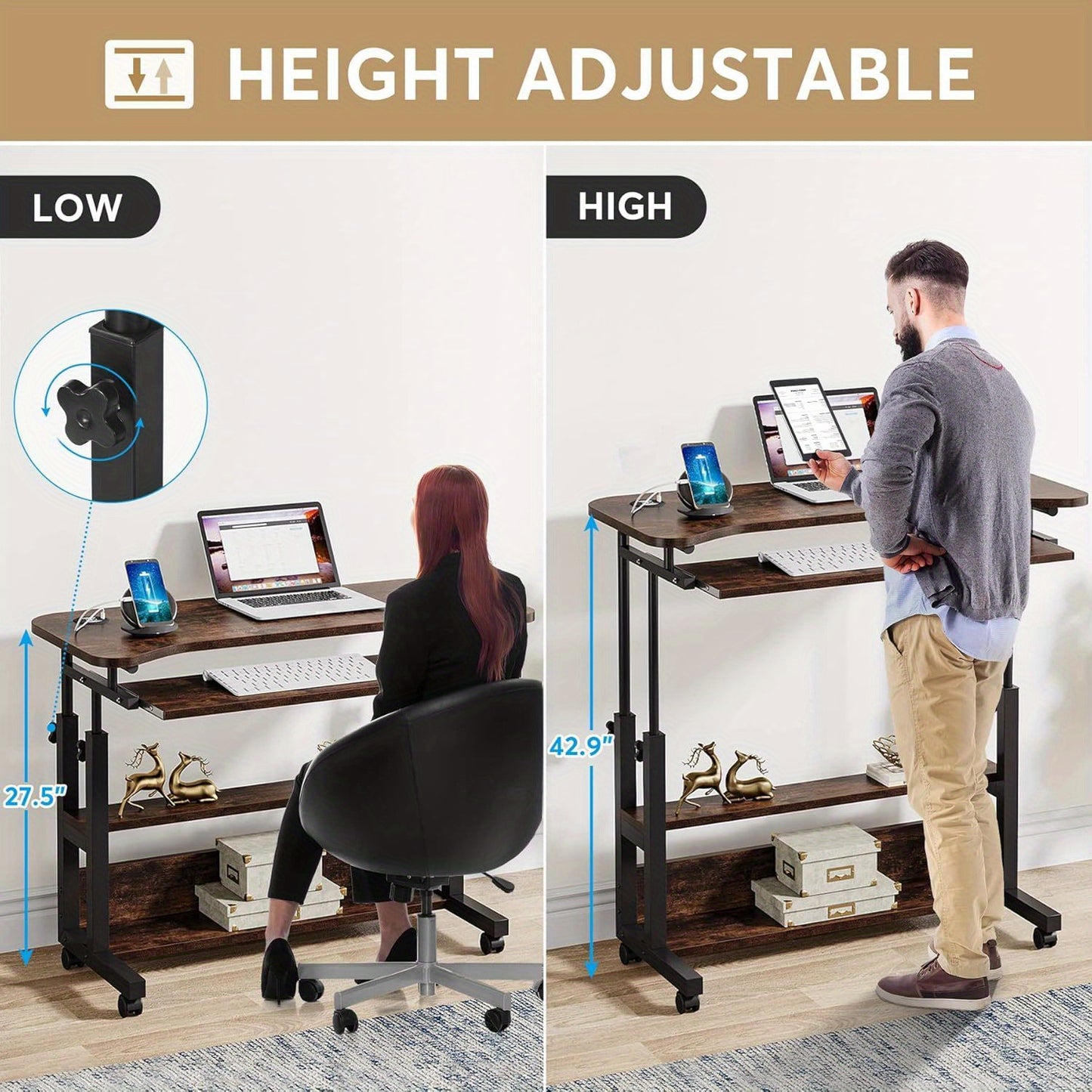 Ergonomic And Mobile Portable Standing Desk With USB Charging Ports.