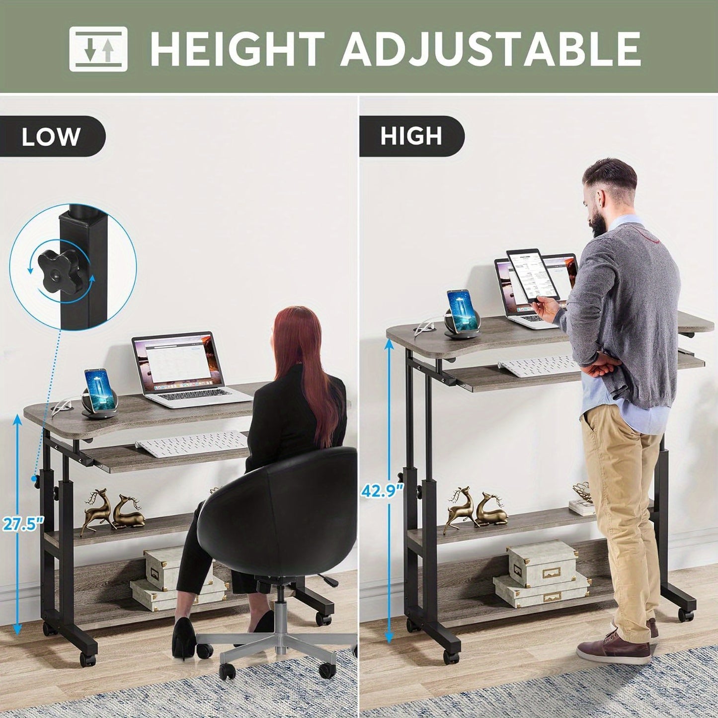 Ergonomic And Mobile Portable Standing Desk With USB Charging Ports.