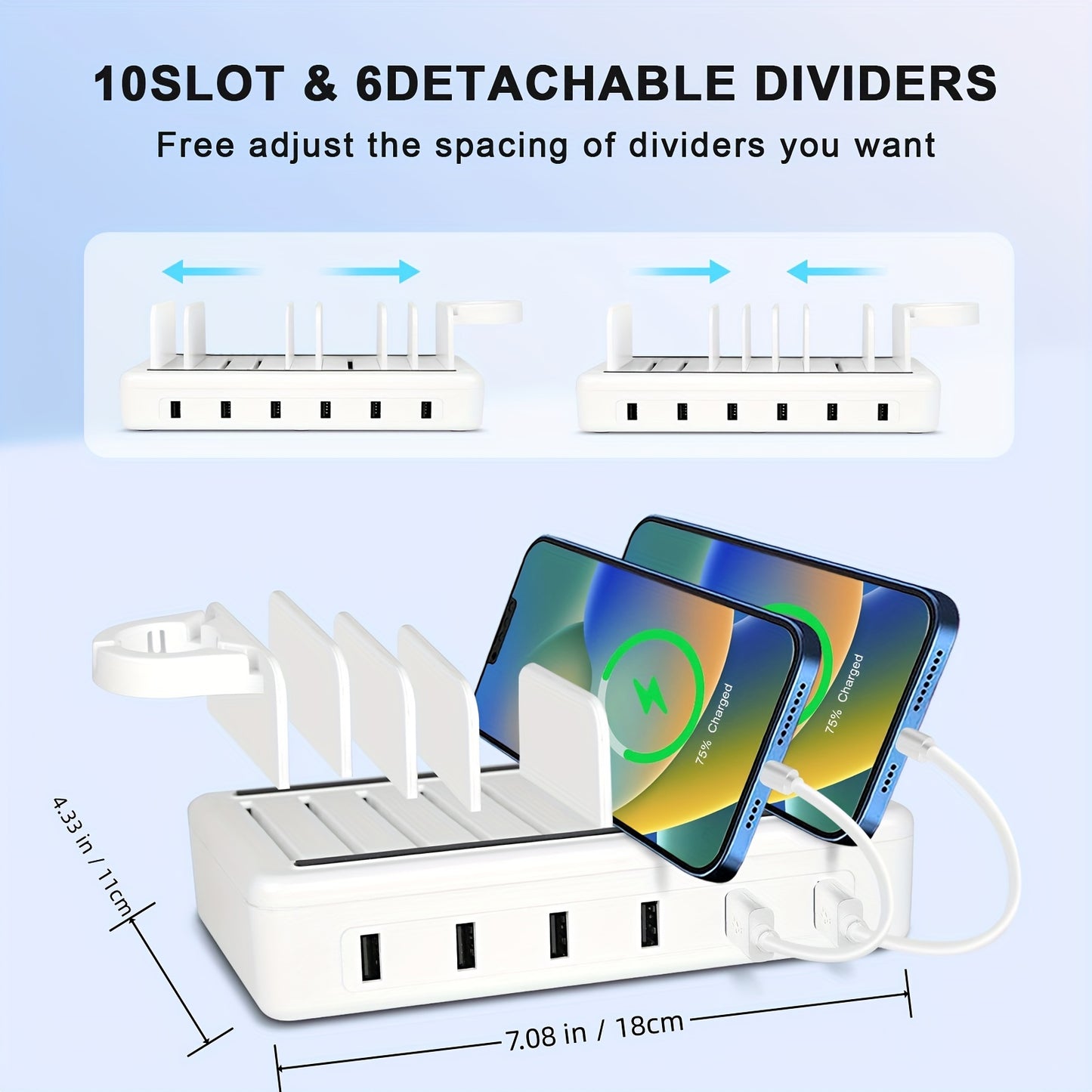 USB Charging Station for Multiple Devices with Detachable Dividers.