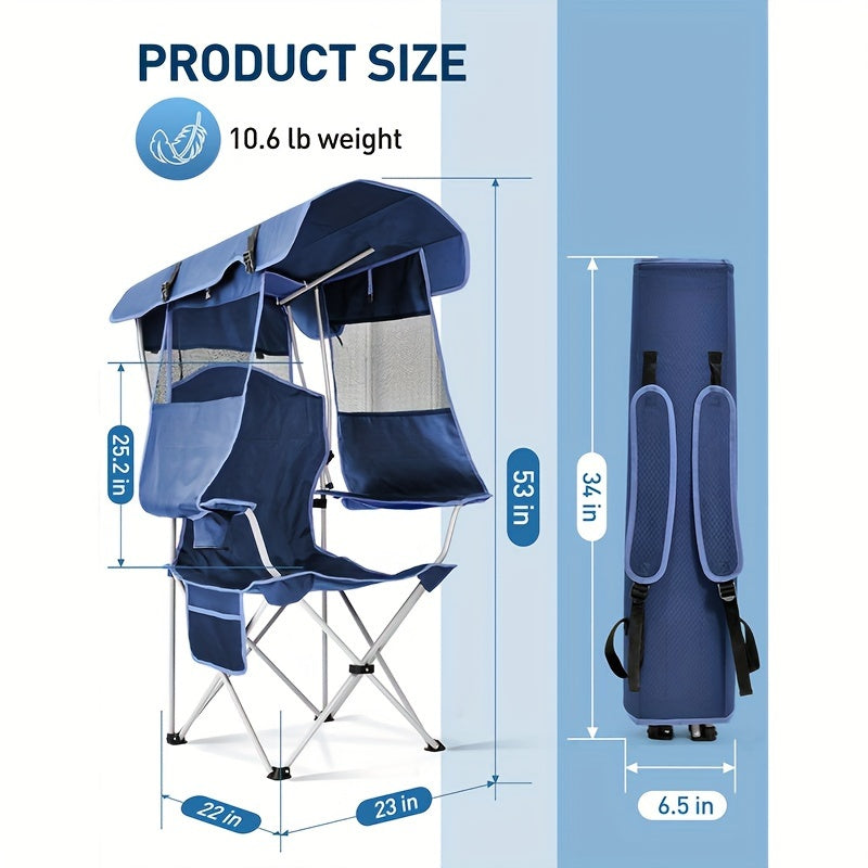 Deluxe Ergonomic Folding Beach Chair With Canopy Shade And Cup Holder.