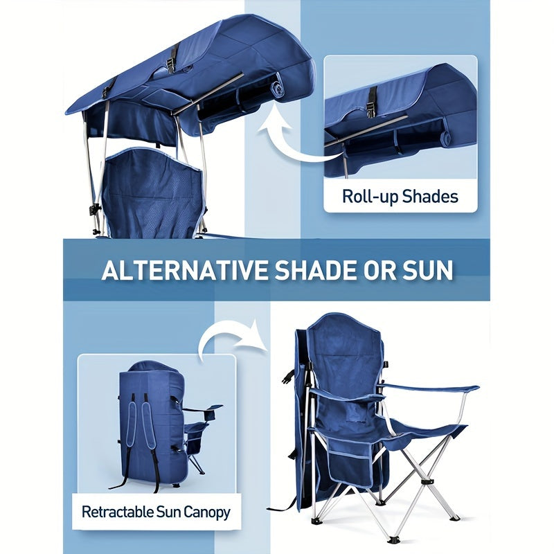 Deluxe Ergonomic Folding Beach Chair With Canopy Shade And Cup Holder.