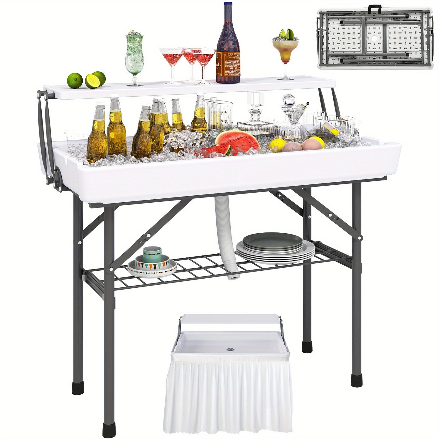 Portable 4FT Folding Ice Cooler Table With Drain And Detachable Skirt.