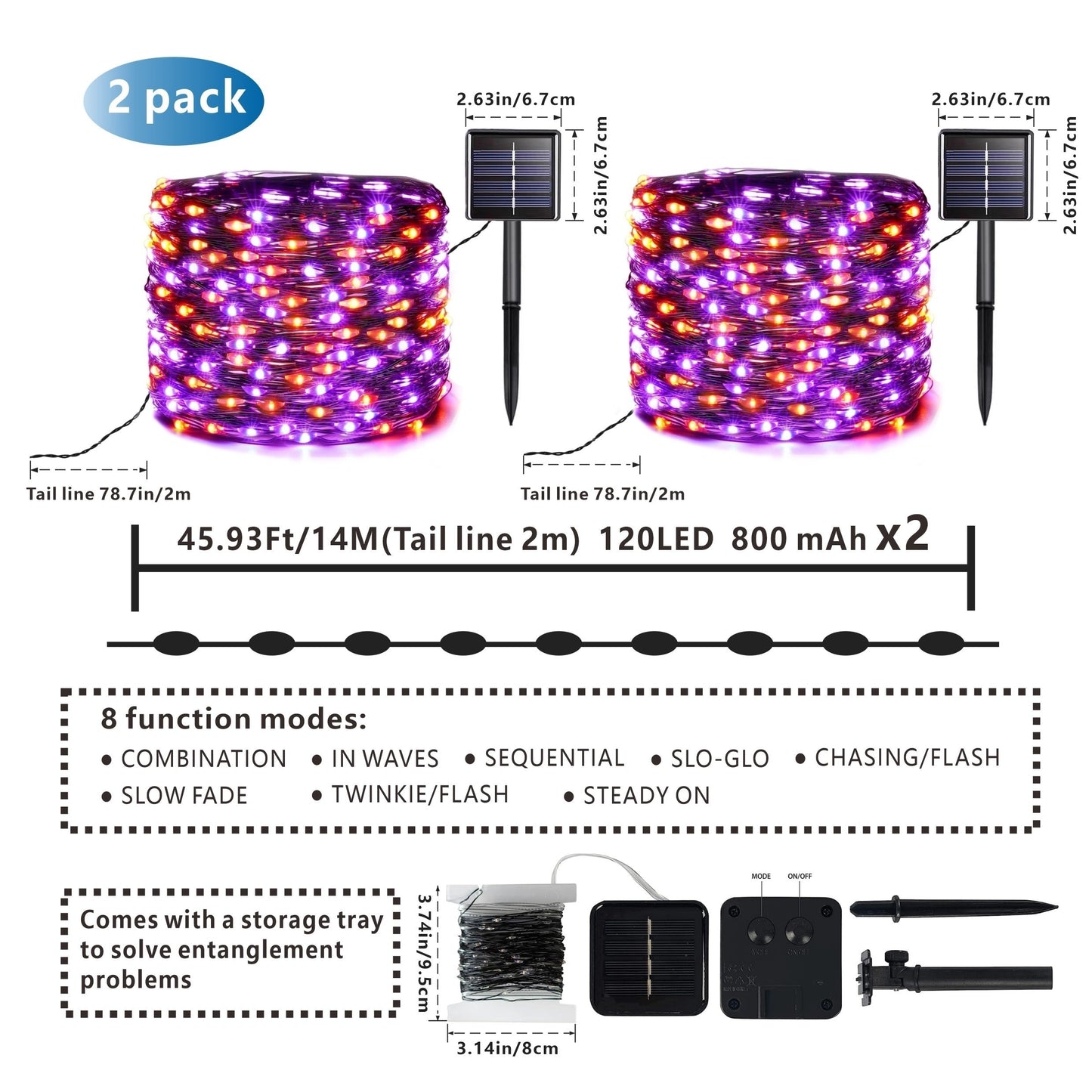 Waterproof 2PK 240 LED Solar Orange And Purple Halloween Lights.