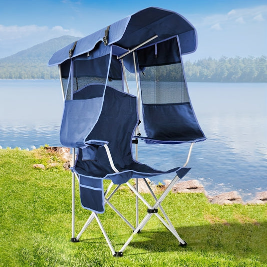 Deluxe Ergonomic Folding Beach Chair With Canopy Shade And Cup Holder.