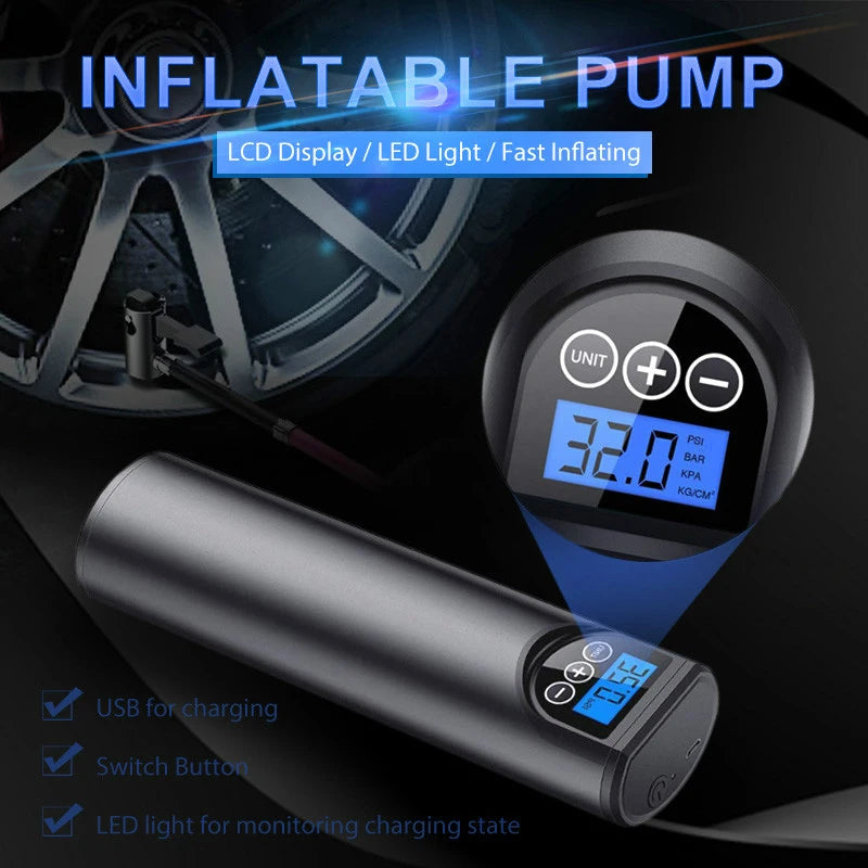 Wireless Portable Air Pump With Tire Pressure LCD Display For Bikes/Cars.