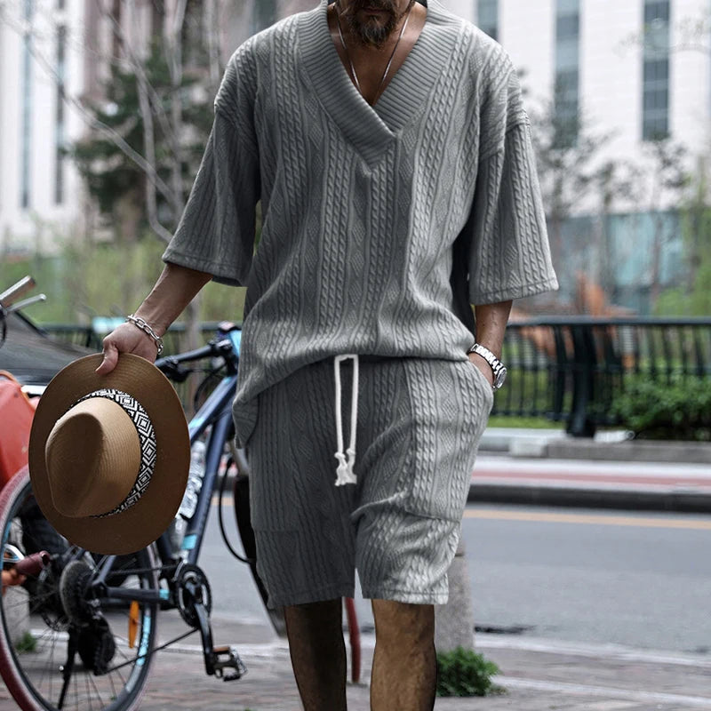 Casual Men's V-Neck Knitwear Top & Shorts Set.