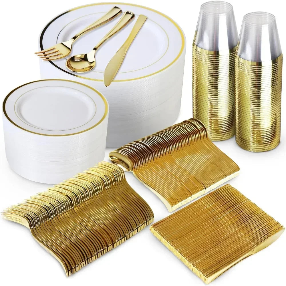 600 Piece Disposable Dinnerware Set:  200 Plates, 300 Plastic Silverware &100 Plastic Cups.