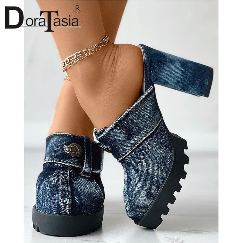 Ladies Platform Mules Fashion Denim Button Thick Heels - mybestlifemarket