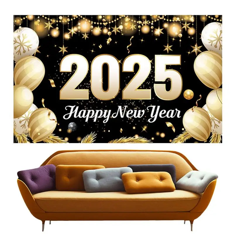 2025 70 X43 Black And Gold New Years Banner Backdrop Decoration.