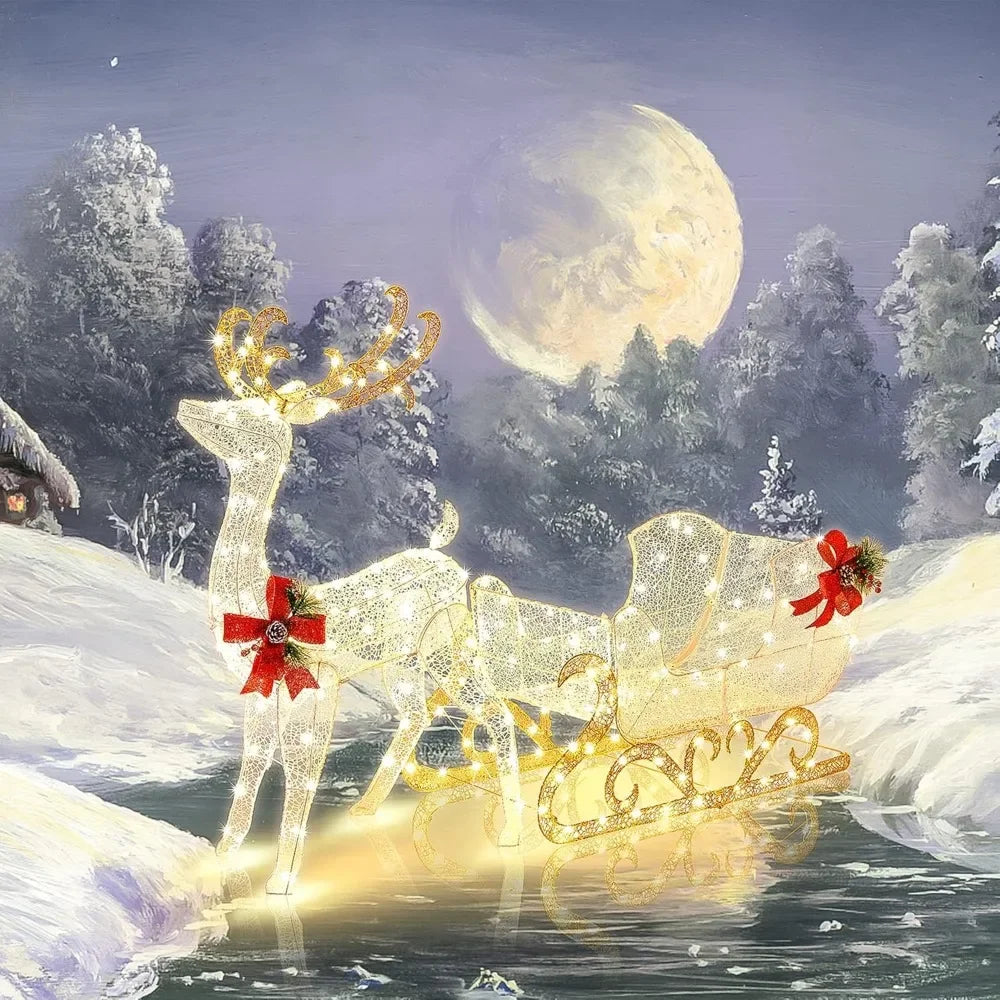 Santa And Reindeer Sled Outdoor LED Lights Decoration.