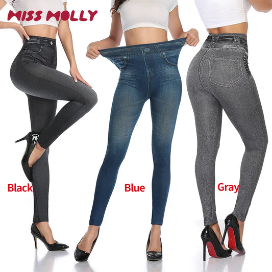 High Waist Faux Denim Print Leggings For Women