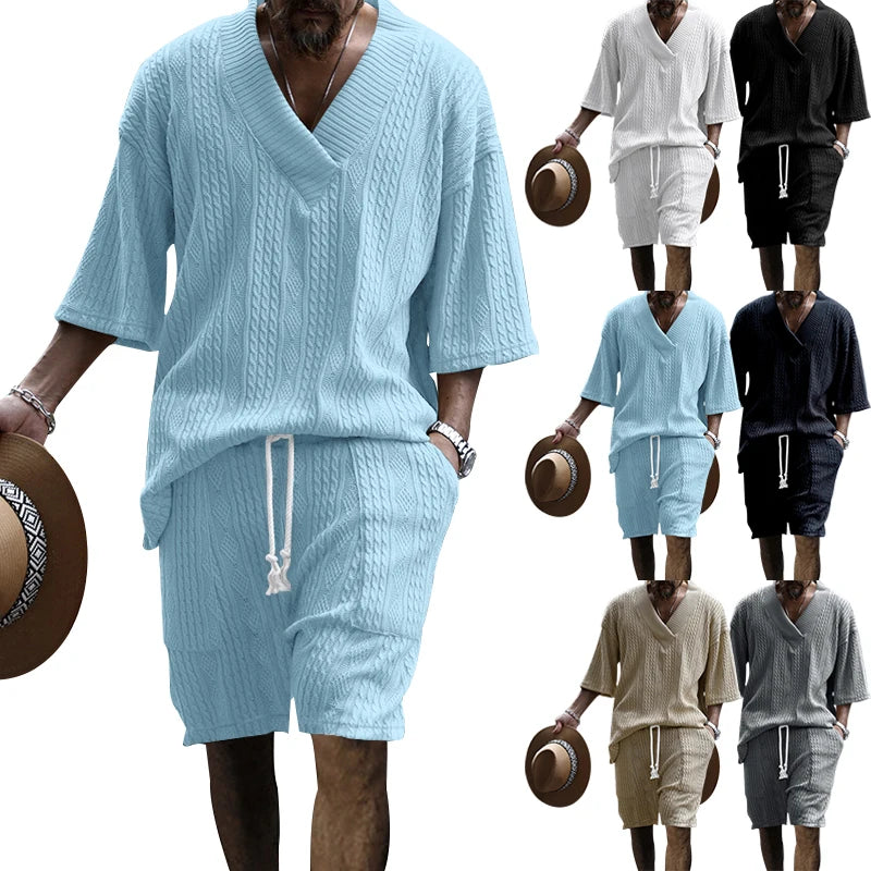 Casual Men's V-Neck Knitwear Top & Shorts Set.