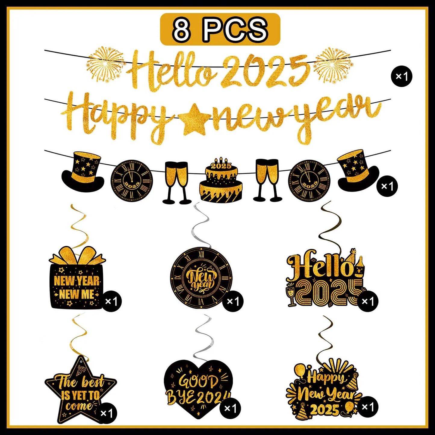 8 Piece 2025 Happy New Year Hanging Decorations.