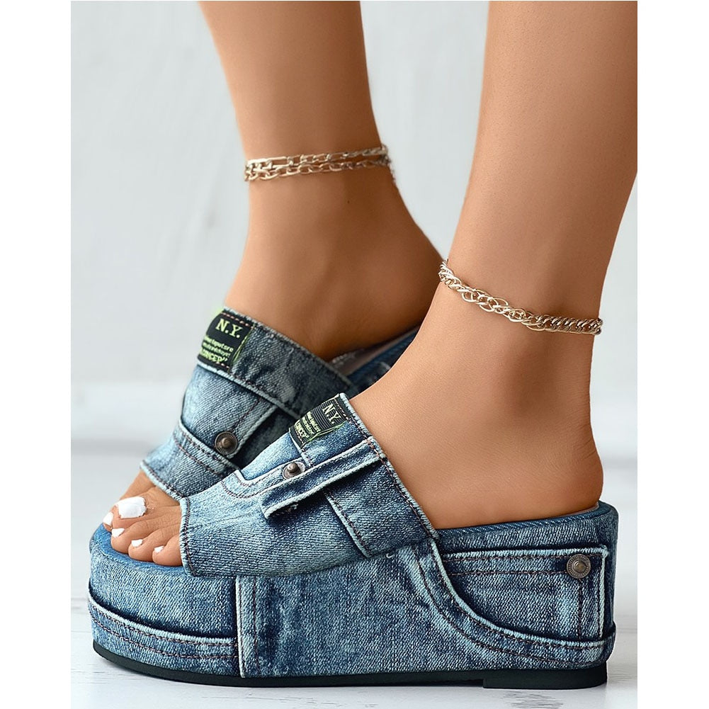 Women's Denim Platform Summer Slip On Sandal Slides - mybestlifemarket