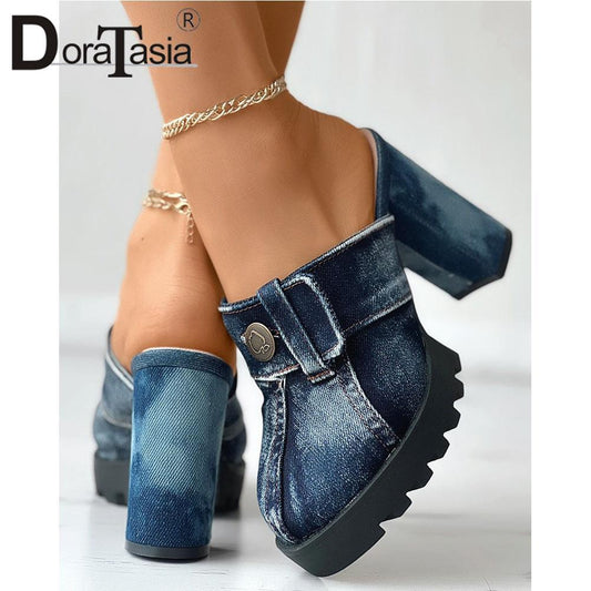 Ladies Platform Mules Fashion Denim Button Thick Heels - mybestlifemarket