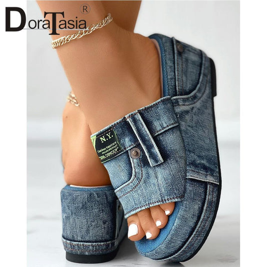 Women's Denim Platform Summer Slip On Sandal Slides - mybestlifemarket